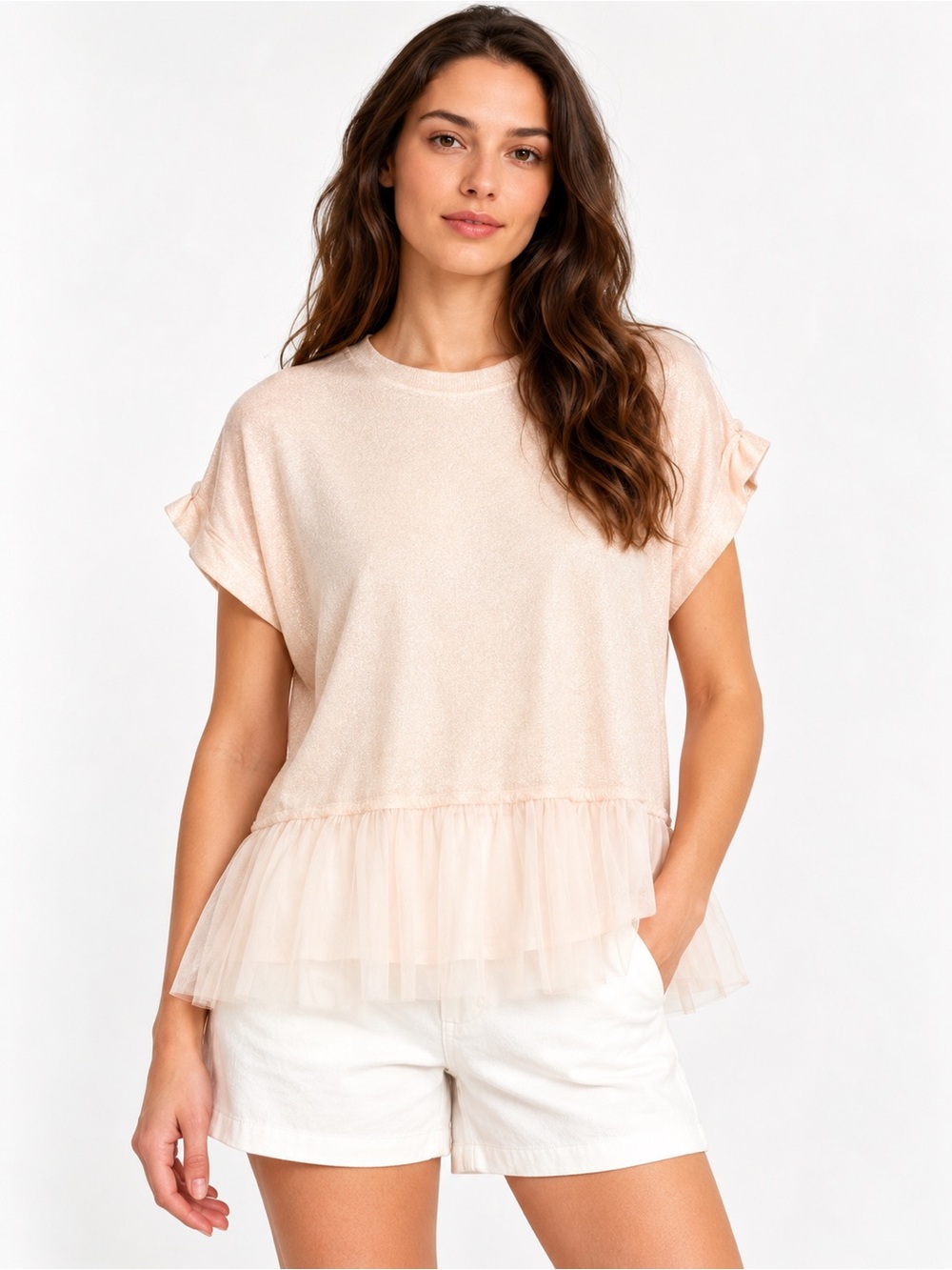 Zara Woman Tulle Peplum Top Cream Shimmer Knit Size M